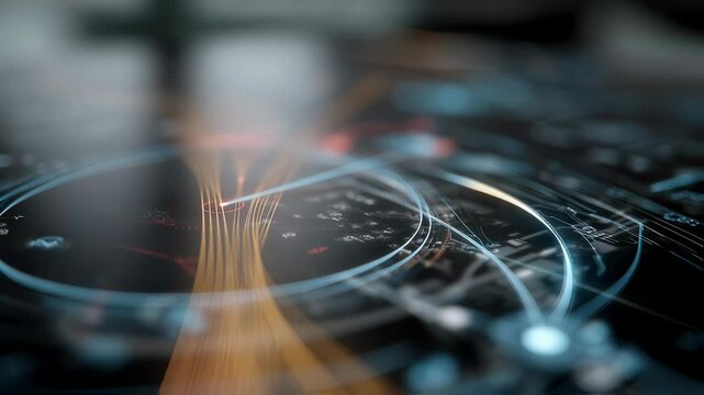A closeup view of a dynamic holographic interface reveals detailed flight data and realtime statistics with transparent flight paths pulsating and intersecting strategically as they