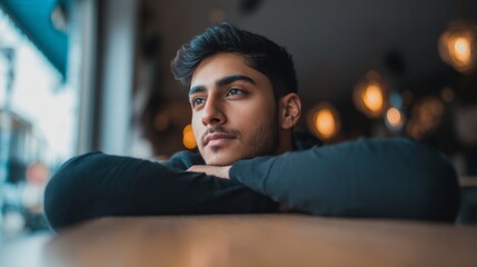 Calm contemplation of a young man resting inside a cozy café