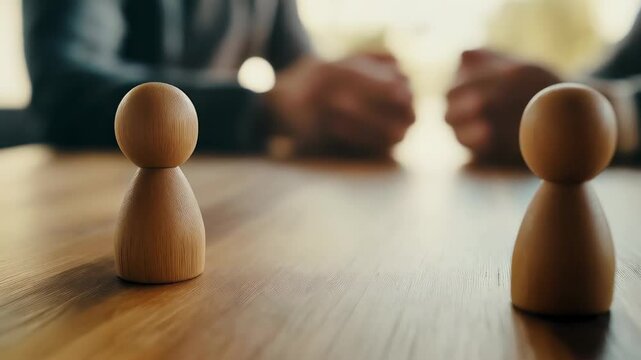 Strategic business meeting showcasing wooden pawns symbolizing teamwork, negotiation dynamics with blurred businessmen discussing partnership potential in professional office setting
