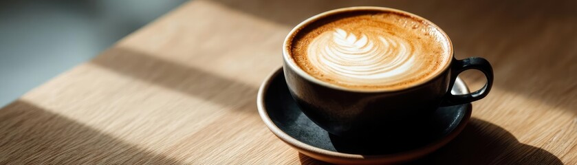 Coffee art latte in cup with vintage espresso style concept. A beautifully crafted cup of coffee on a wooden table.
