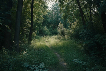 Obraz premium Enigmatic Forest Path: Sunlight Filtering Through Dense Woodland Scenery