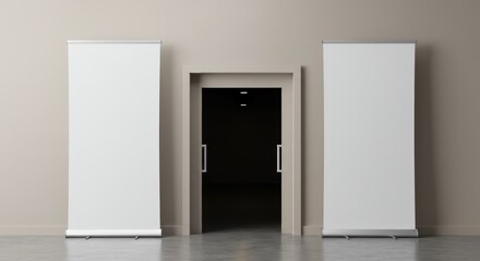Two vertical white banner mockups flanking doorway, symmetrical design. Realistic 3D render for retail or event template