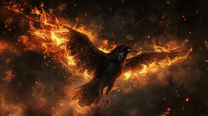 Naklejka premium A crow and fire art piece depicting a crow with wings of flame soaring through a darkened sky creating a mesmerizing and symbolic artwork 