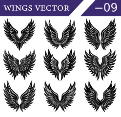 Fototapeta premium Black Feather Wings Vector Set – Collection of Angel and Demon Wing Silhouettes in Gothic Style for Tattoo Art, Fantasy Illustrations, and Dark-Themed Graphic Design.
