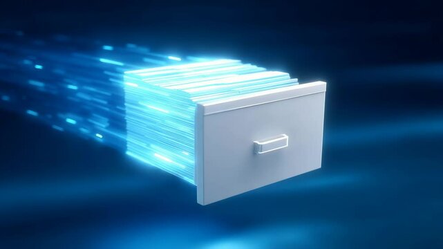 Glowing 3D File Drawer Accelerating Through Futuristic Digital Environment With Vibrant Light Trails