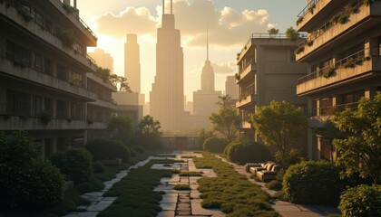 Obraz premium Cityscape with Modern Apartment Buildings and Lush Garden at Sunset