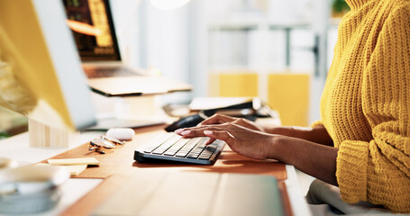 Hands, typing and computer for research, copywriting or editing newsletter at office desk. Person, writer or editor with desktop keyboard for creative website, social media or email for news business