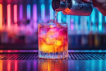 Bartender makes cocktail at bar, pours glass from shaker in neon light
