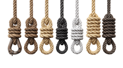 Seven Varied Ropes with Knots Hanging Against Transparent Background, PNG