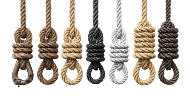 Seven Varied Ropes with Knots Hanging Against Transparent Background, PNG