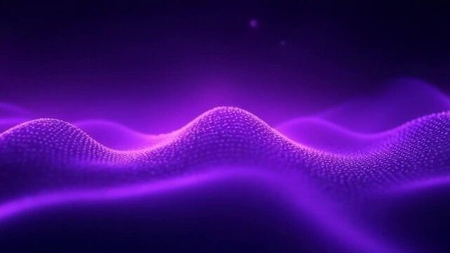 Abstract purple digital waves on dark background. Purple cinematic intro animation. Smoothly moving shiny particle waves with soft bokeh. Light technology, space, artificial intelligence. 4k loop.