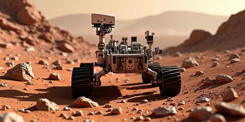 Robot car on Mars surface with rocks around