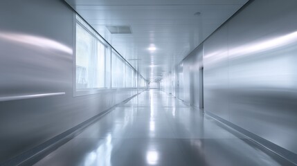 Minimalist medical corridor with abstract blur, conveying serenity and modern efficiency in healthcare spaces.