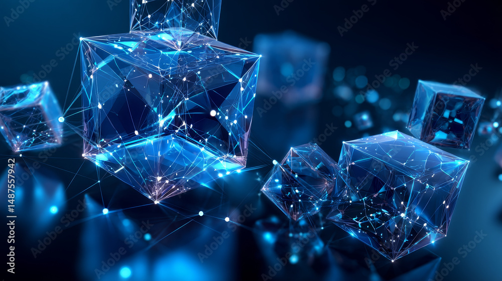 Poster block chain network connections technology. cube and box from lines and triangles, point connecting 