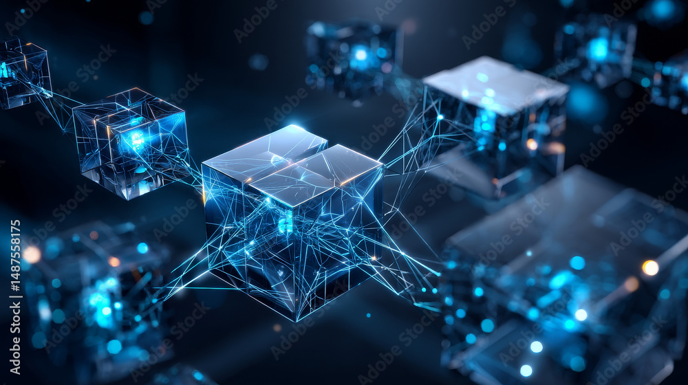 Poster block chain network connections technology. cube and box from lines and triangles, point connecting 