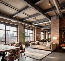 urban loft with exposed beams cozy sofa 