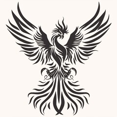 Obraz premium A striking black and white illustration of a phoenix in mid-flight, its elongated body and intricately detailed feathers.