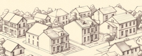Obraz premium Architectural Drawing Hand-Drawn Townscape, House Illustration, Buildings Sketch , Urban Sketching