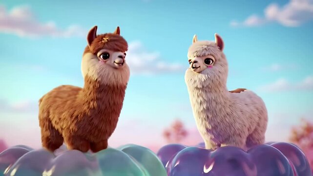 Pair of Cartoon Alpaca Standing on Blue Jelly with Pink Sky Background