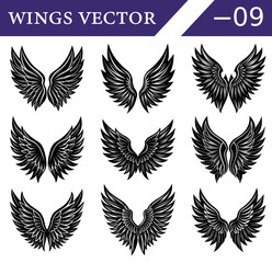 High Detail Black Feather Wings Vector Set &ndash; Gothic Wing Silhouettes for Tattoo Art, Dark Fantasy Designs, and Halloween Illustration Themes.