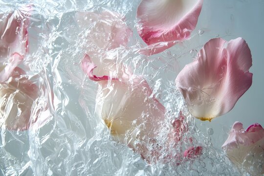Biodegradable packaging dissolving into flower petals with time-lapse crystallization and pearlescent cellulose film textures