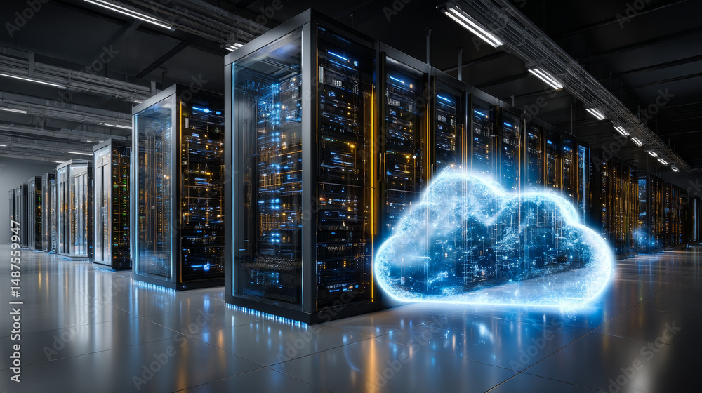 Poster servers in digital data centers make cloud computing in server rack room. web online service remote 