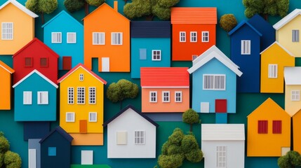 Colorful House Collection Top View of Miniature Town with Trees, Architecture ,Community