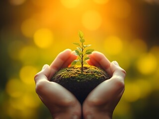 Hands Holding Earth with Tree, Symbol of Sustainability and Environmental Care in Glowing Light