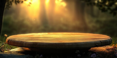 Fototapeta premium Golden sunlight illuminating a rustic wooden disc