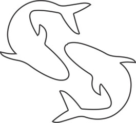 Obraz premium Outline of two dolphins swimming in a circular flow, minimalist line art vector for ocean, marine life, and wildlife designs 