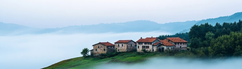 Fototapeta premium Foggy Hilltop Village Stone Houses in Mist, mountain , landscape