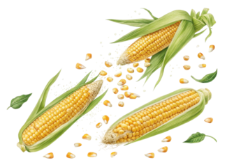 Fresh Organic Corn Ears with Green Leaves and Kernels Spilling on Transparent Background