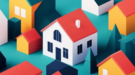 Fototapeta premium Geometric House Render Minimalist Buildings in Isometric Style, Architecture , Home