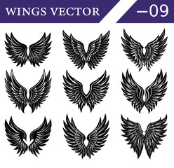 Fantasy Black Wings Vector Illustration Set &ndash; Detailed Silhouettes for Gothic Art, Tattoo Designs, Dark-Themed Decor, and Mystical Digital Artwork.