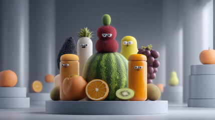Playful arrangement of vibrant fruits designed with quirky character faces.