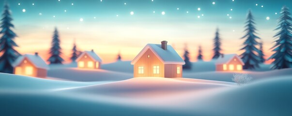 Fototapeta premium Glowing Winter Cabins Snowy Landscape, Soft Light , winter , snow