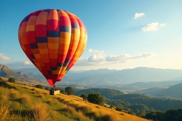 Fototapeta premium Colorful hot air balloon floats over scenic landscape, gondola, above, beautiful