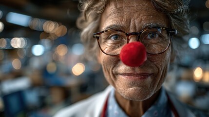 Red Nose Day, Cheerful scientist with red clown nose, middle-aged, playful expression, fun atmosphere in a lively lab setting, copy-space available.