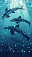 Naklejka premium A group of dolphins swimming gracefully beneath the ocean surface, sunlight dappling their sleek bodies, clean and professional composition, copy space, natural color, minimalism, stock photography