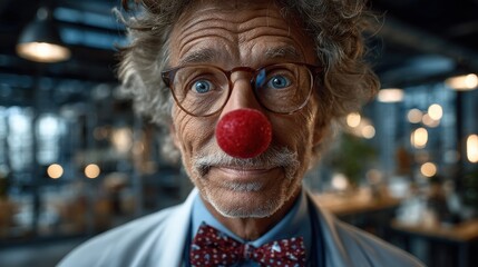 Red Nose Day, Playful scientist in a lab, quirky middle-aged man with curly hair and clown nose, showcasing whimsical creativity and fun.