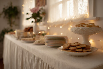 beautifully arranged table filled with various baked goods including cookies cakes and pastries set against soft