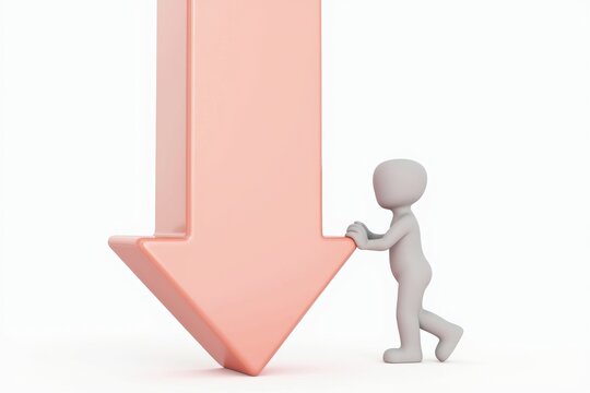 3d figure pushing a large downward arrow on a white background