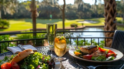 A solitary table setting on a sunny patio overlooking a golf course, featuring a meal of grilled fish, roasted vegetables, and a side salad.