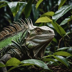 A iguana brumating under leaf cover, isolated