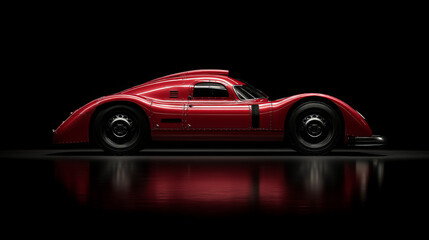 Stylish red sports car with a sleek design, reflecting light against a dark backdrop.