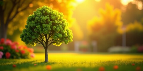 A small tree in the foreground, with a blurred background of trees and shrubs