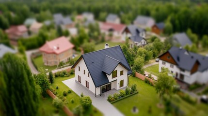 Miniature Tilt-Shift Photo of Suburban Home with Lush Green Yard, real estate, architecture