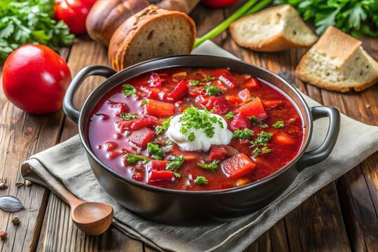 Ready to eat borsch in a pan with rich red color and hearty traditional soup presentation