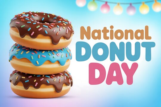 National donut day celebration with stack of donuts and colorful lights for social media marketing