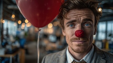 Red Nose Day, Businessman with clown nose, professional man in suit holding balloon in lively indoor setting, playful atmosphere, humor theme.